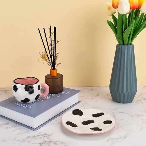 Cow Print Ceramic Mug and Saucer Set | Cute Novelty 🖤🤍🩷🐮☕️ - Picture 11 of 11